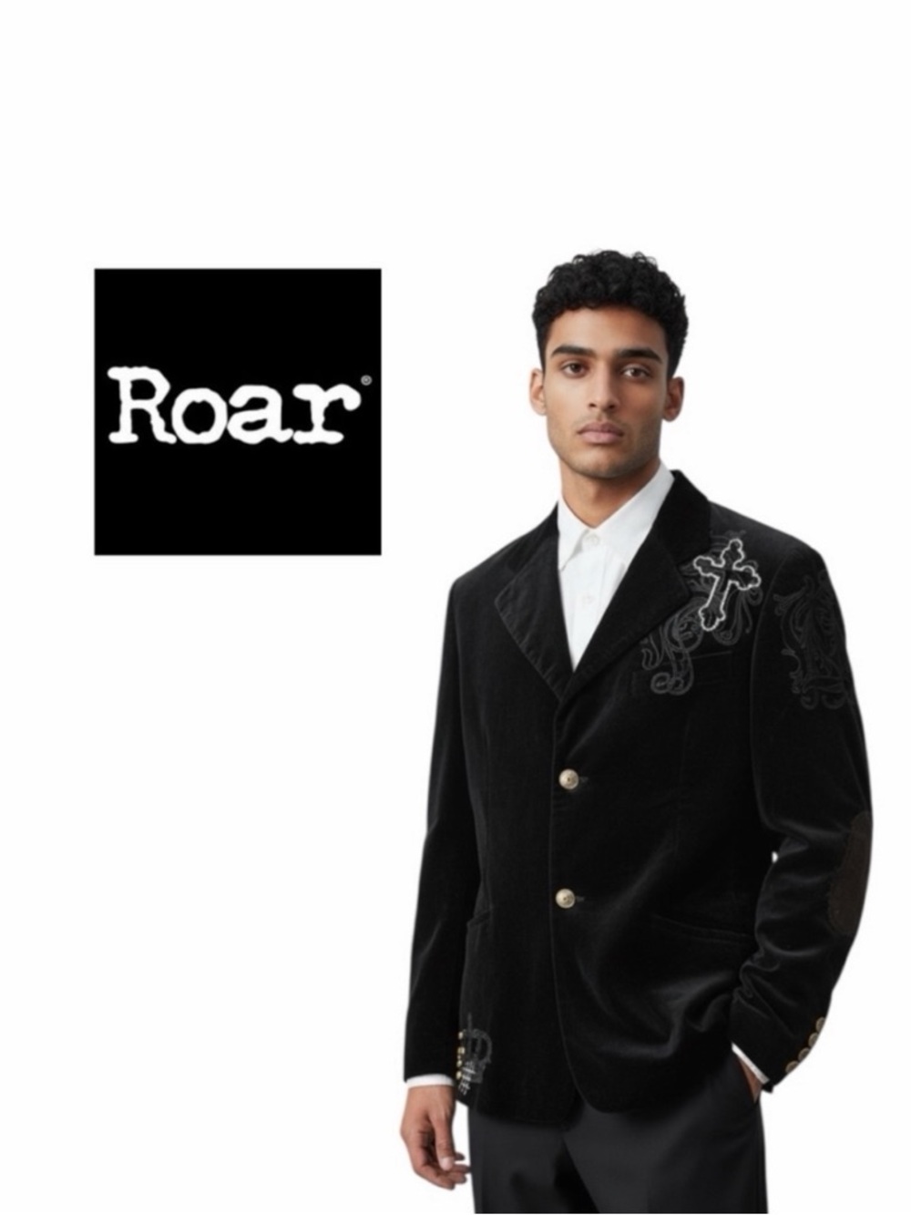 Roar Men's Black Velvet Blazer with Embroidered Details -‎ Size M